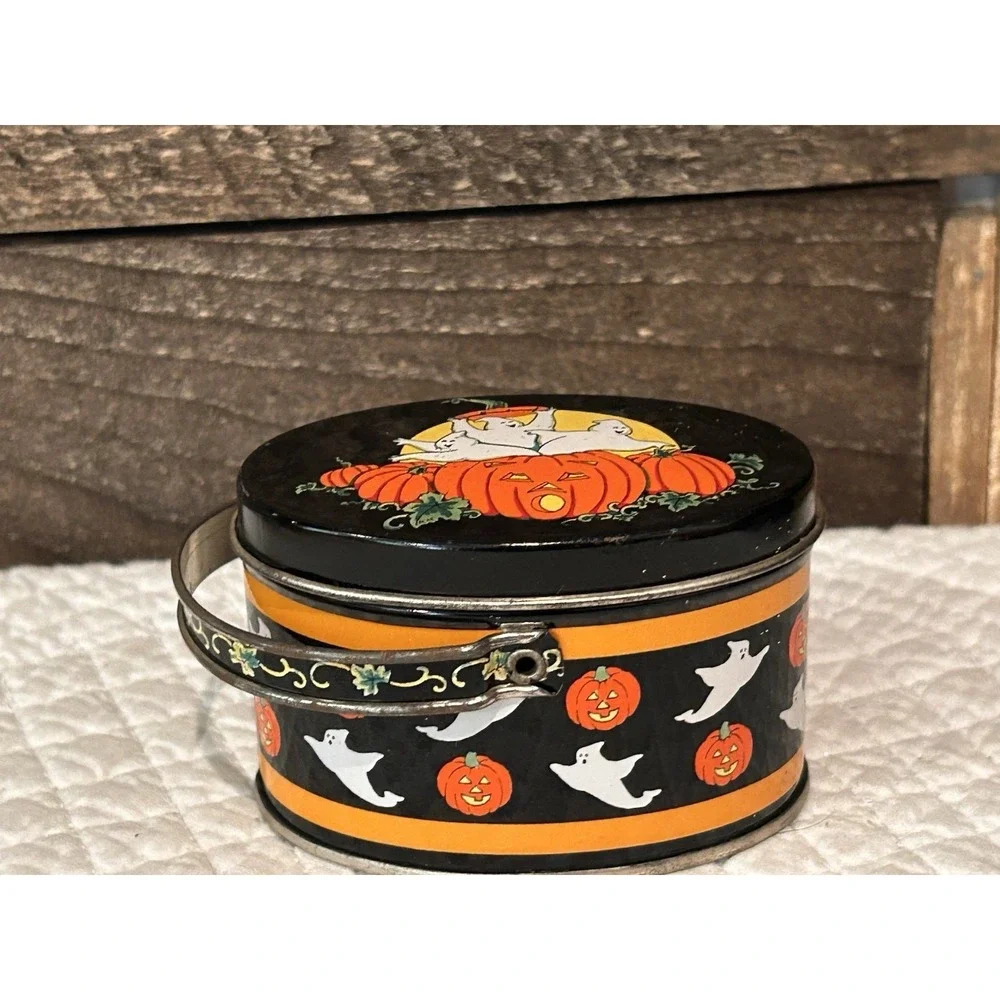 Vintage Keller Charles Philadelphia Mini Halloween Tin‎ Box Handle Ghost Pumpkin